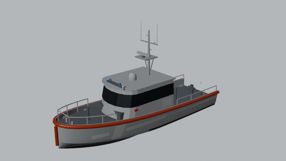 Grey response boat with an orange collar