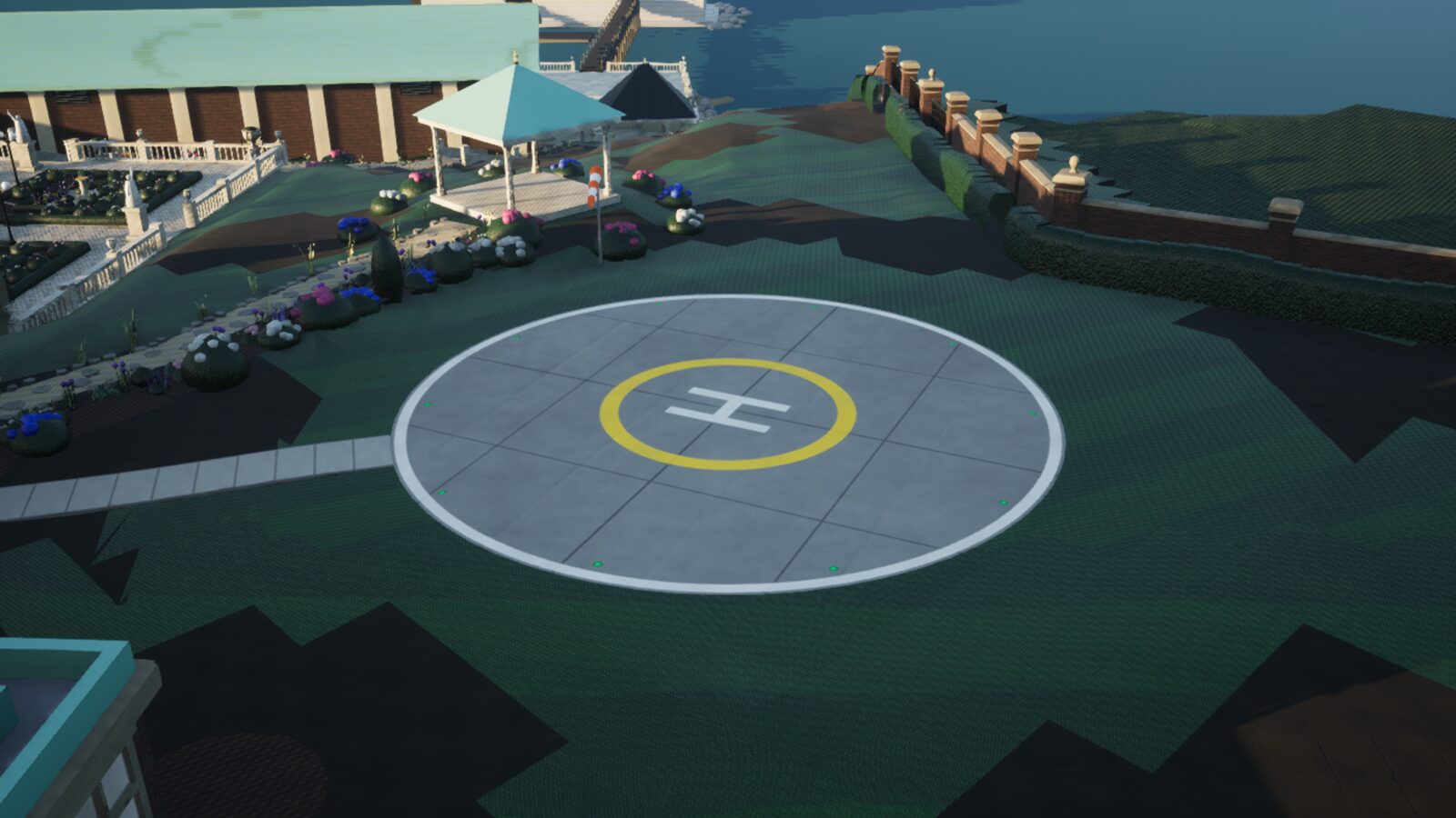 The estate helipad among the garden buildings