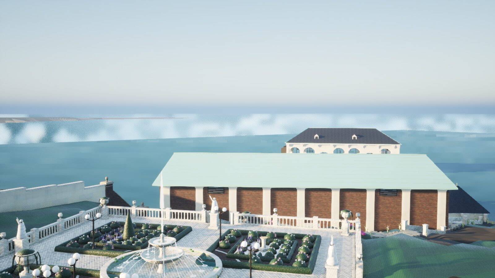The loggia and formal garden terrace looking out over the Sound