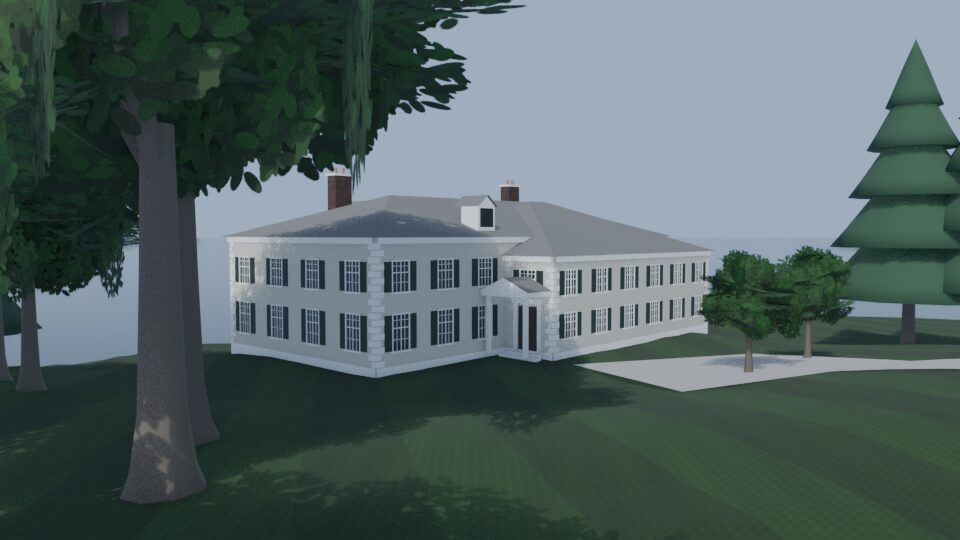 A neighbouring house to the west across the lawn