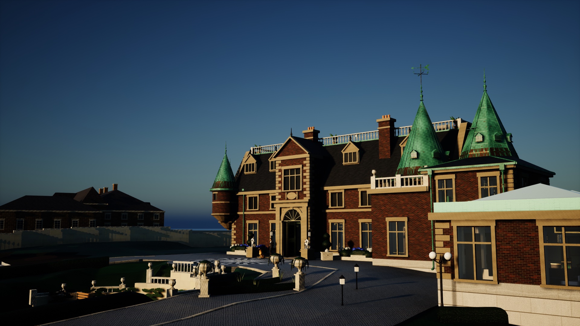 The front of the house at golden hour
