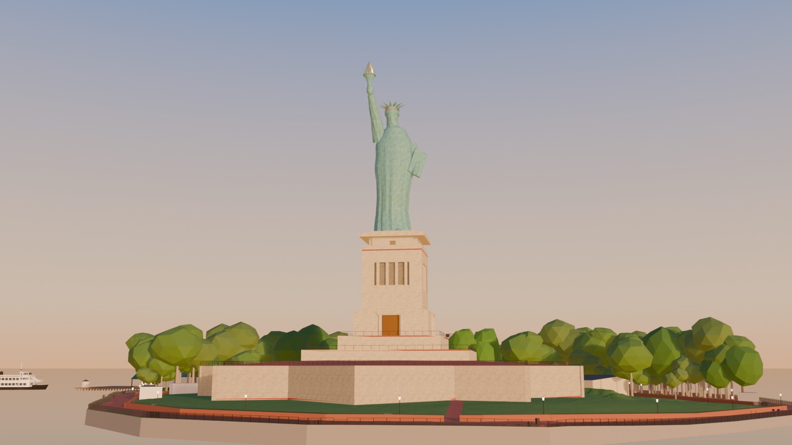 The Statue of Liberty on its pedestal at golden hour, with the island trees and a ferry on the water