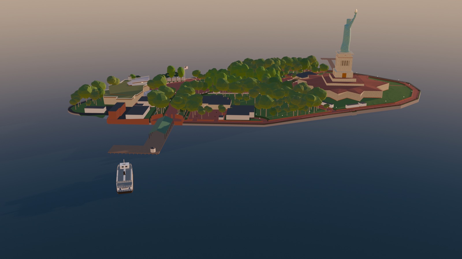 Liberty Island from the air, with the ferry heading for the pier