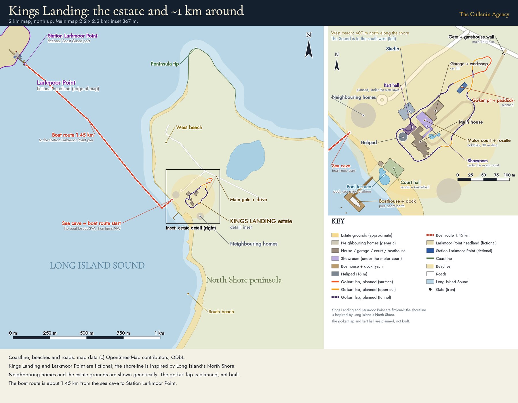 Map of the estate and about one kilometre around it: the house, garden buildings, pier, helipad, go-kart lap and the boat route to Larkmoor Point