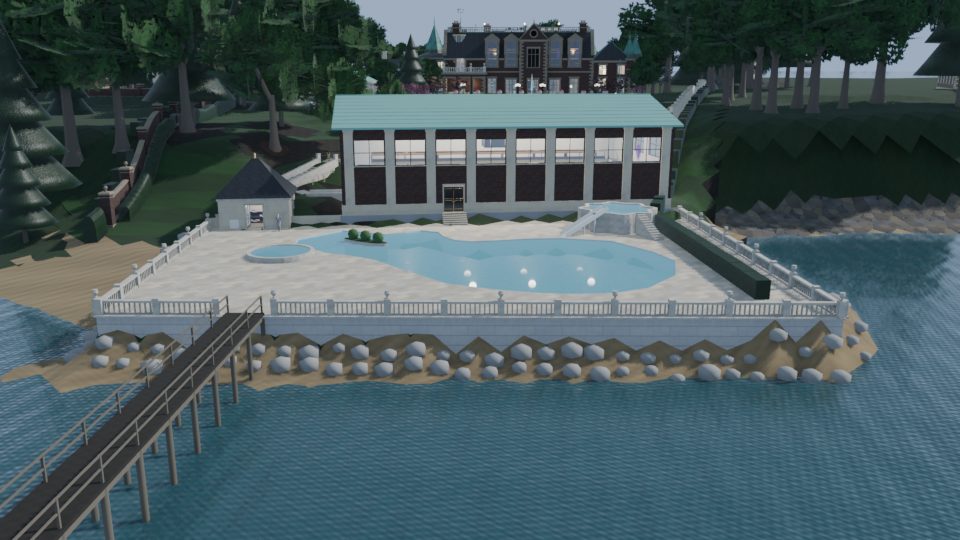 Pool terrace and pool house on the shore