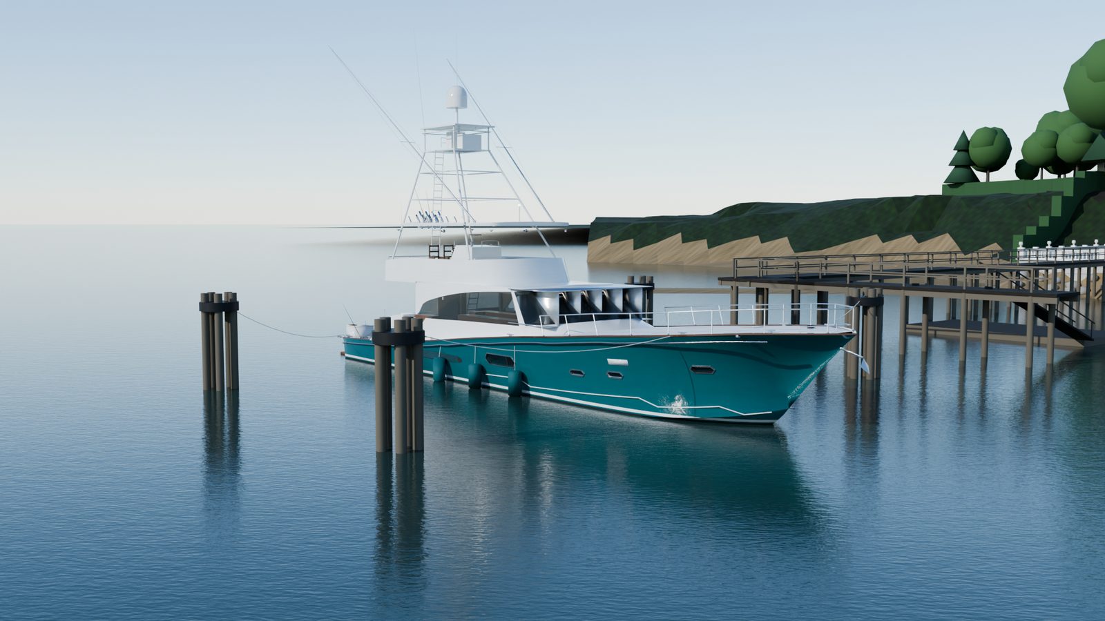 The yacht moored at the estate pier