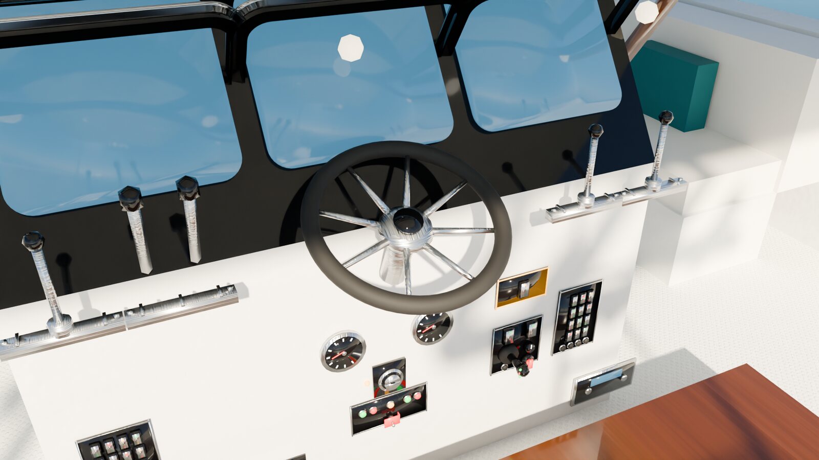 Flybridge helm with wheel, throttle levers, gauges and switch panels