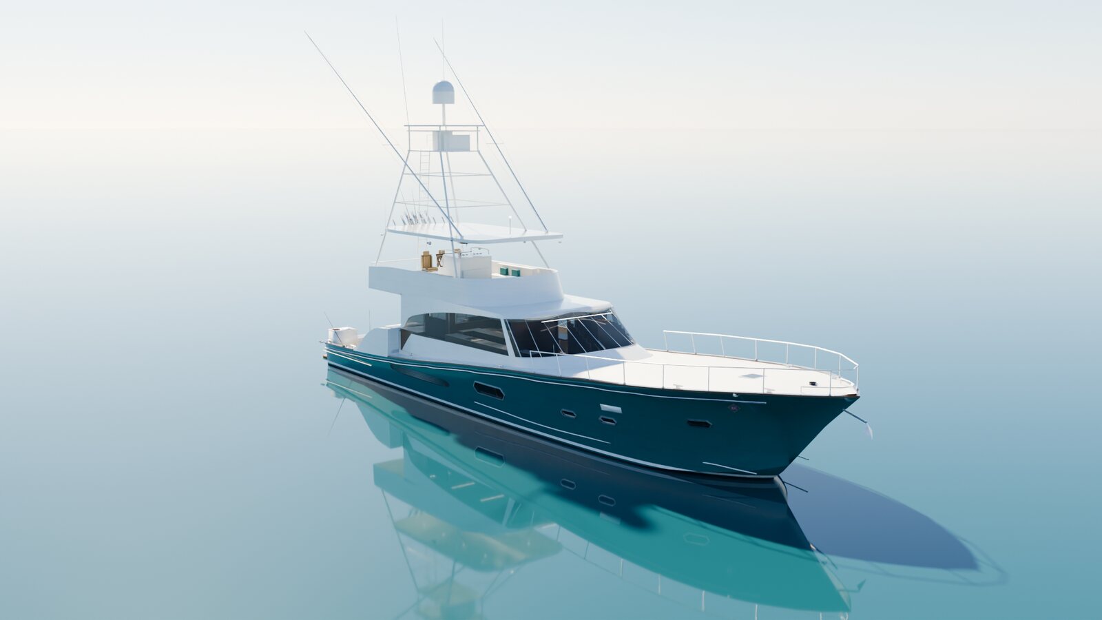The sportfishing yacht from the bow quarter on calm teal water