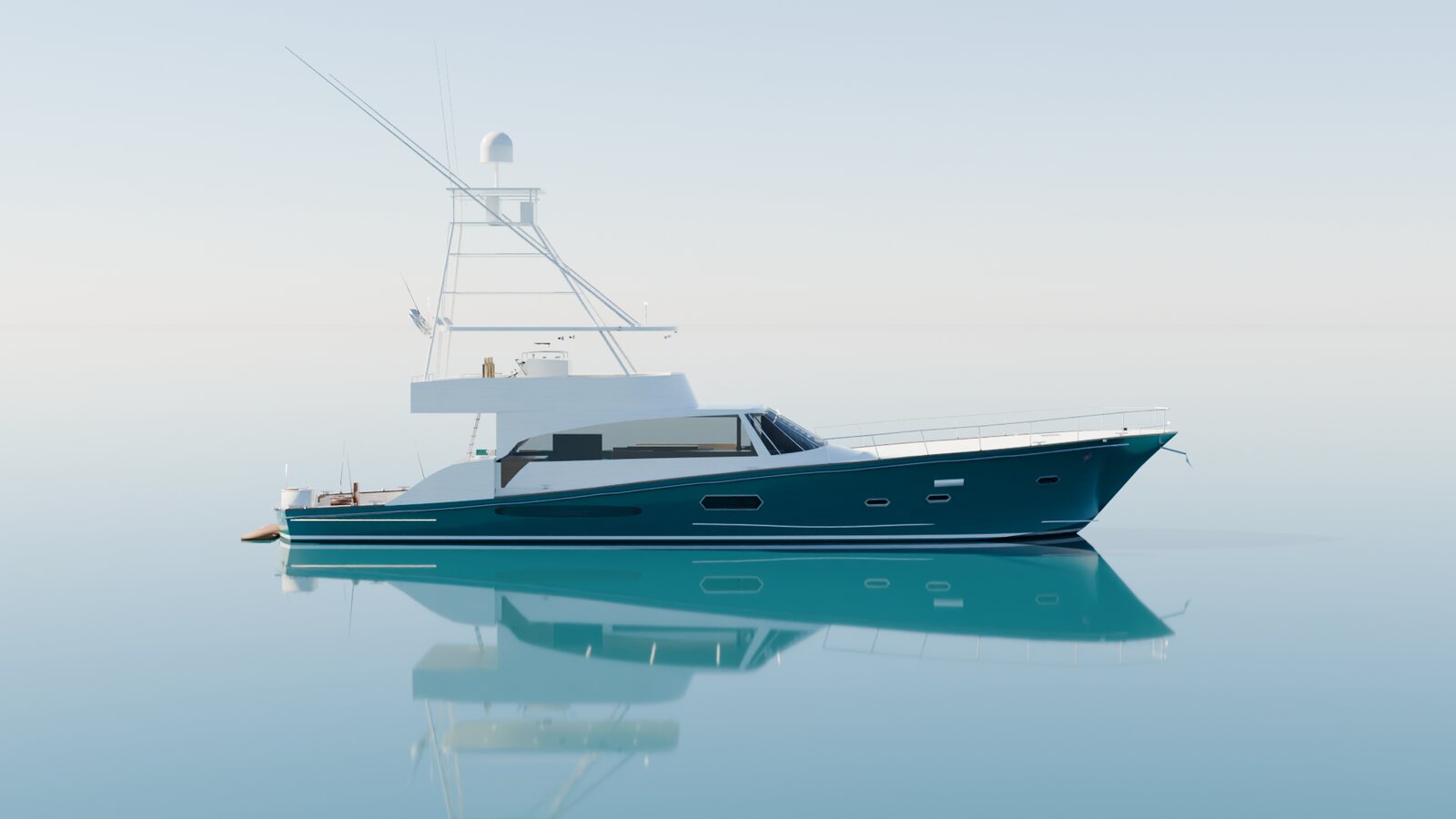 Starboard side profile of the yacht with its tuna tower and outriggers
