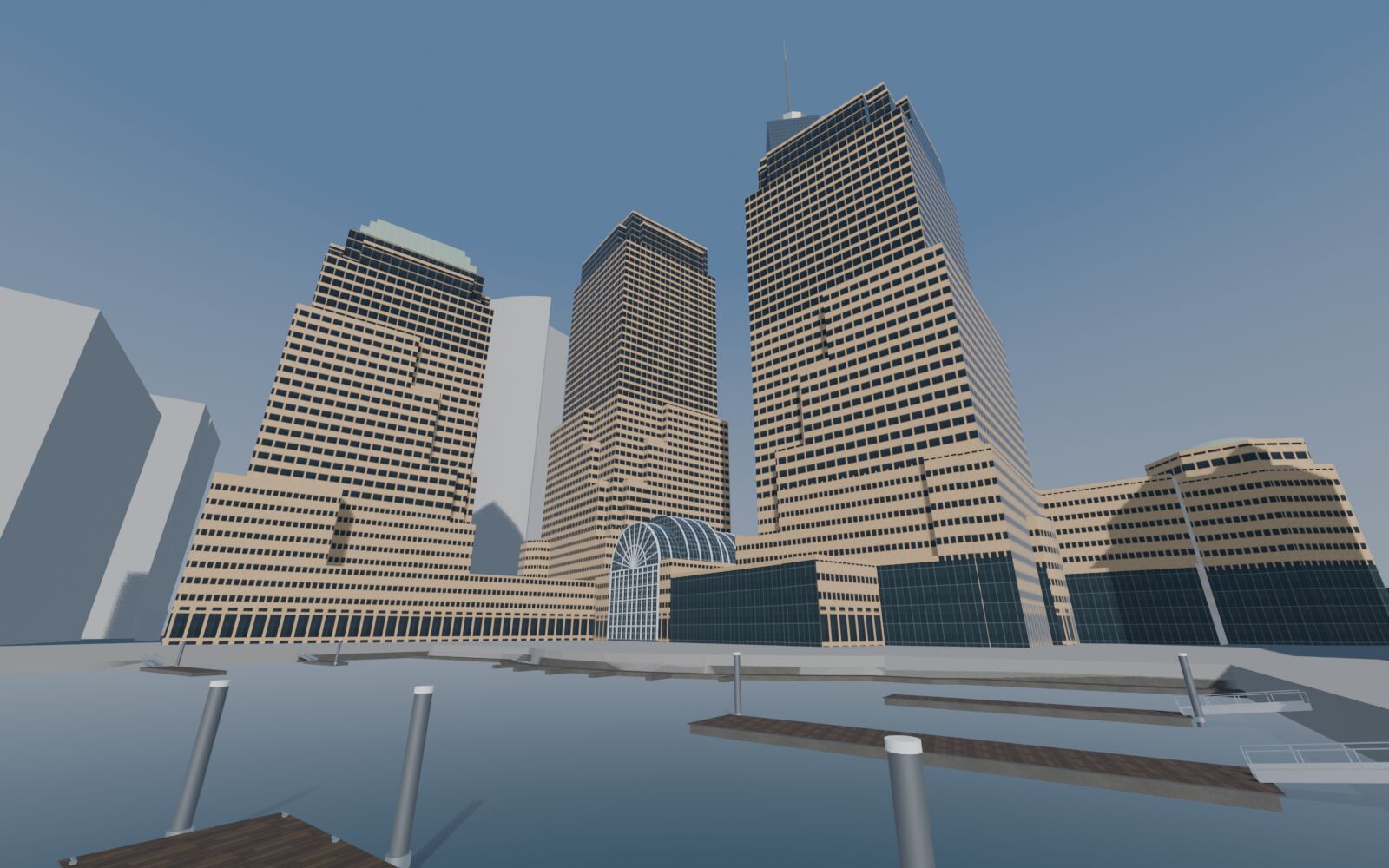 Brookfield Place towers and the Winter Garden from the water