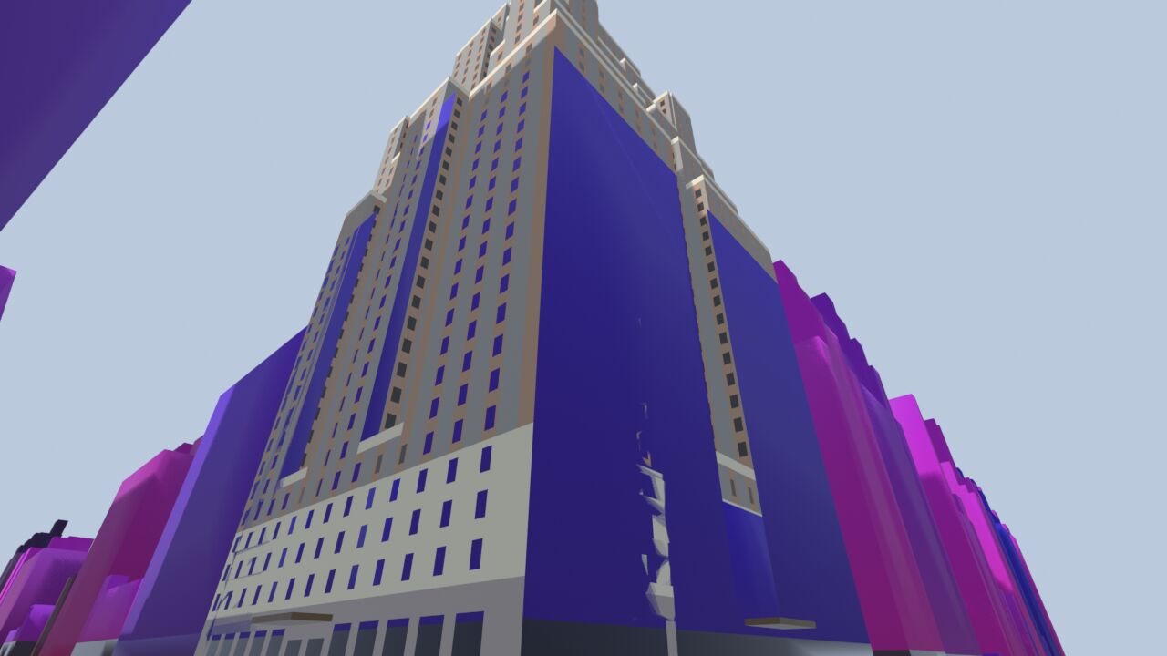 Art Deco hotel model seen from street level